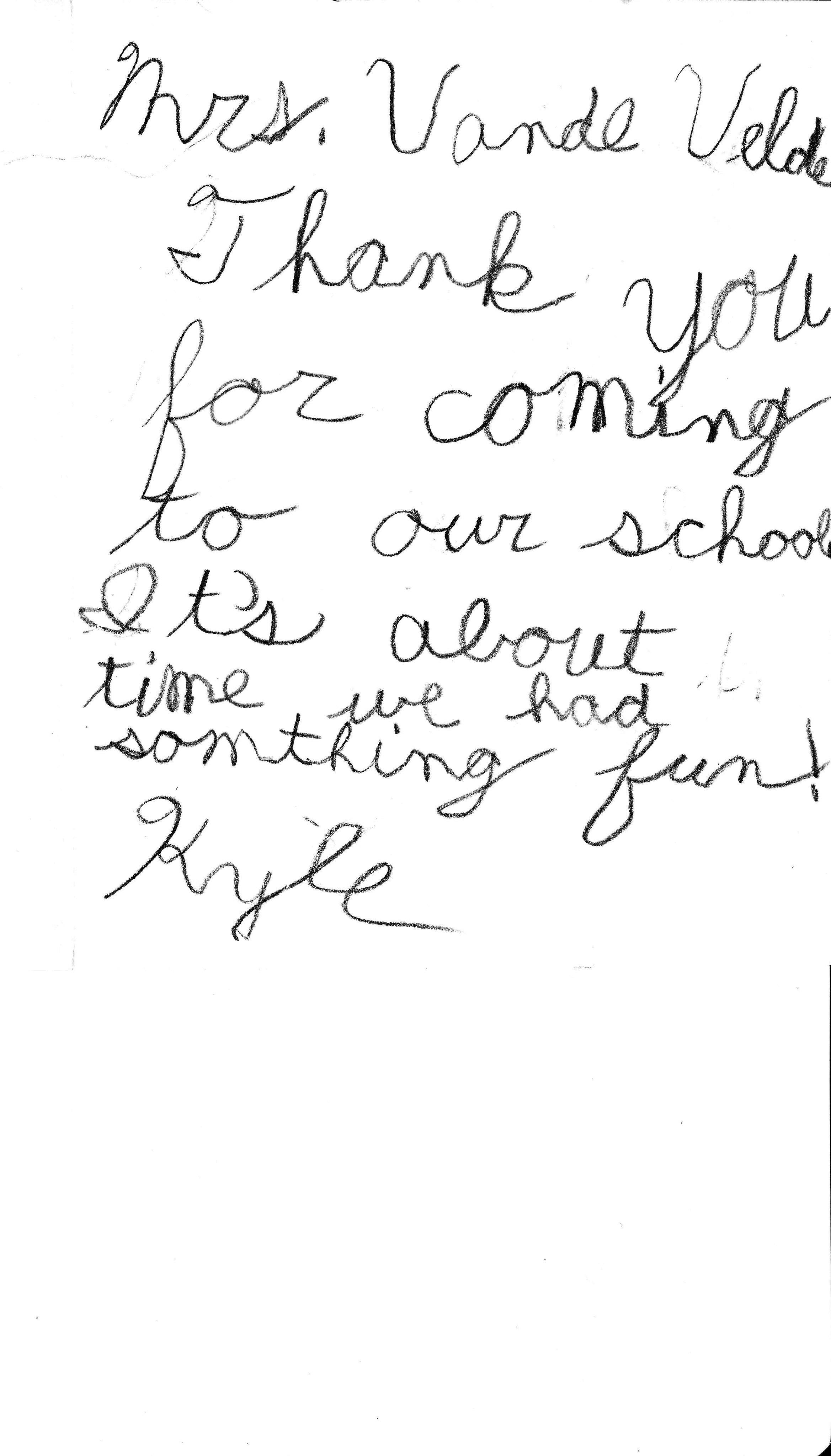 Handwritten student thank you note to Vivian.