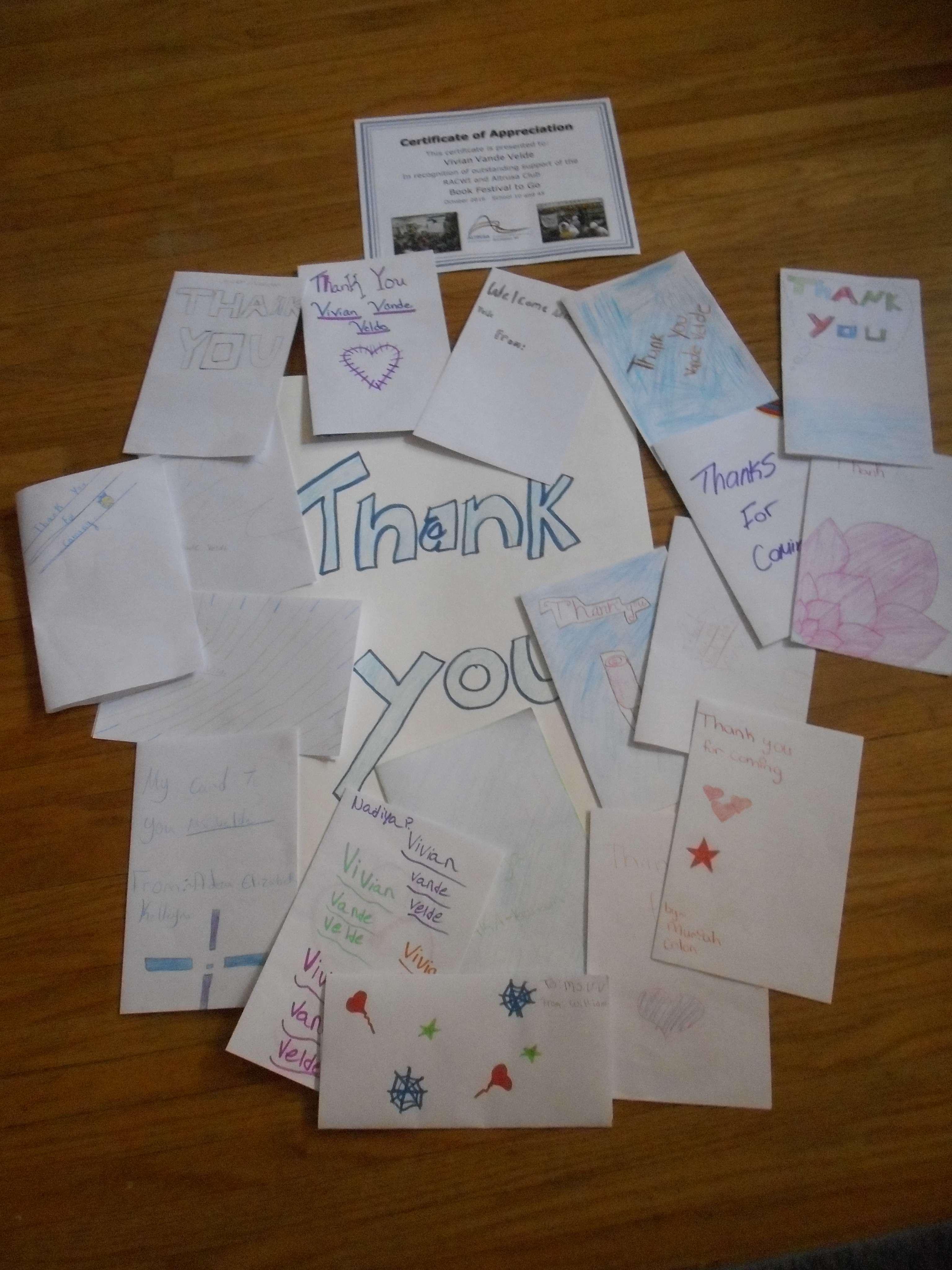 Thank you notes and a certificate of appreciation from a Festival to Go class.