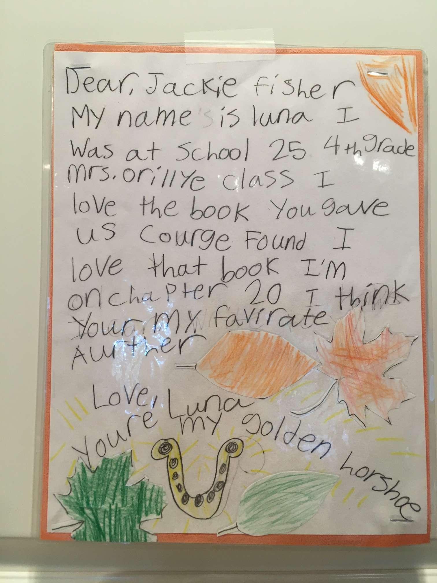 Handwritten student thank you note to a Festival to Go author.
